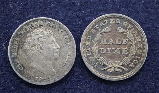 USA silver half dime 1838, edge wear otherwise GVF, Sardinia (Charles Felix) 25 centesimi 1829, NVF, and a New Brunswick 20 cents 1862,